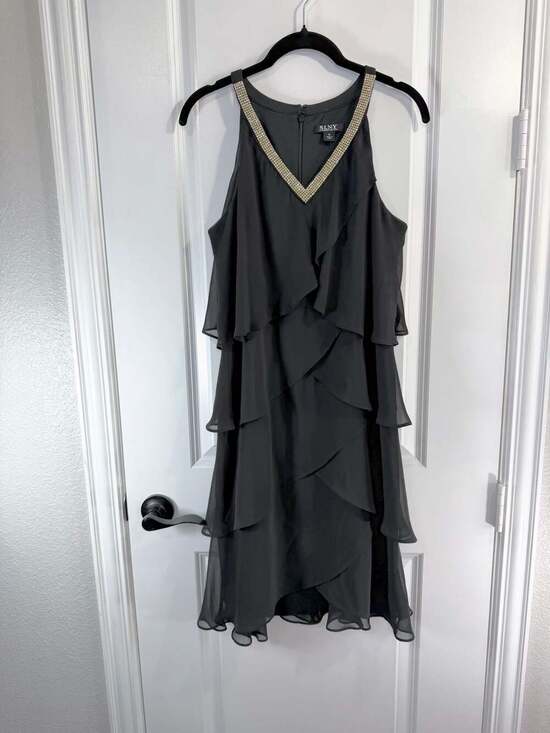 SLNY Dresses & Skirts - SLNY Black Chiffon Tiered Ruffle Cocktail Dress with Rhinestone V-Neck Size 10